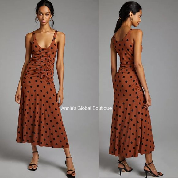 RARE NWT ANTHROPOLOGIE Maeve Ruched Polka Dot Midi Dress. Size L - Picture 4 of 16